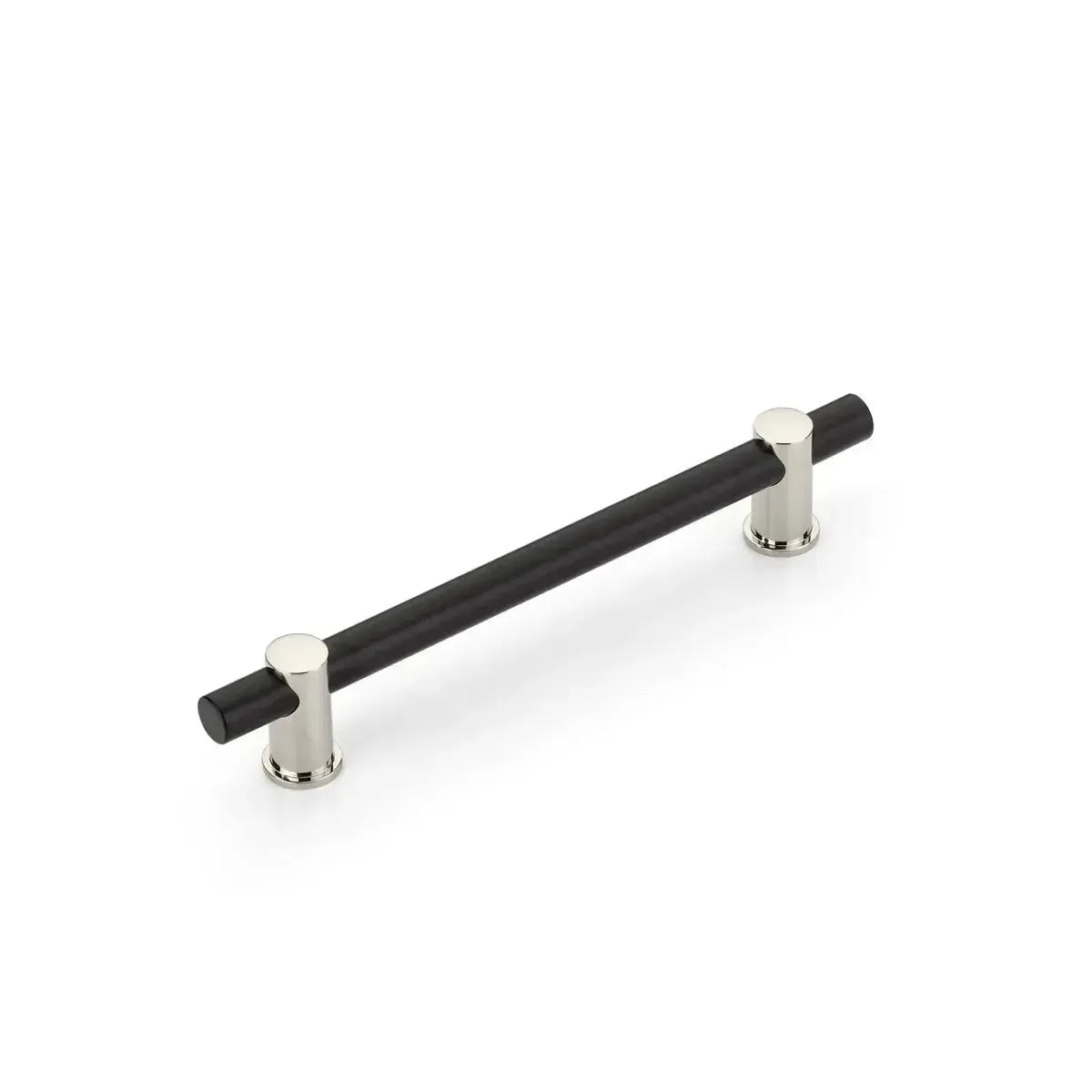 The Schaub Fonce Bar Pull in Matte Black Bar/Polished Nickel Stem finish.