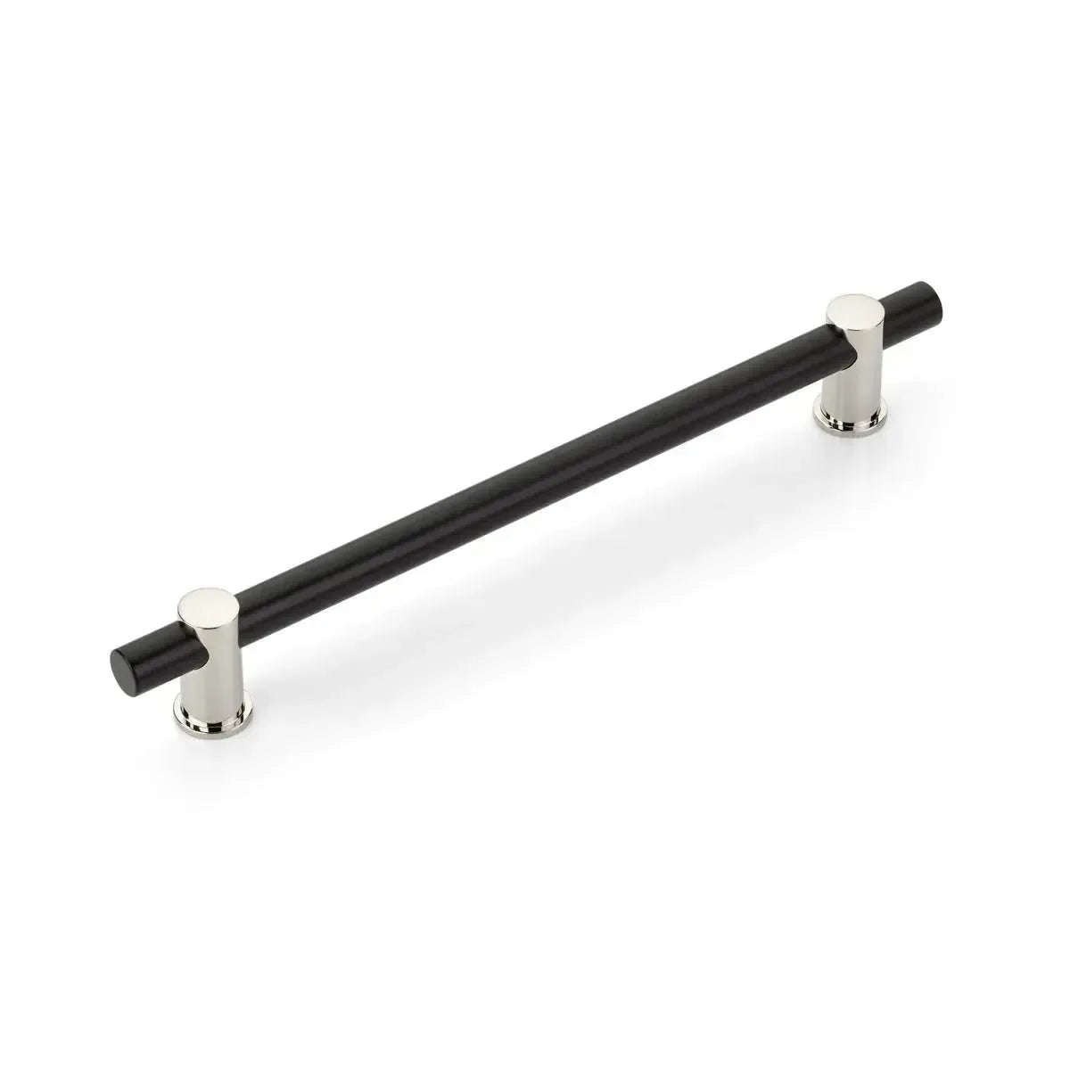 The Schaub Fonce Bar Pull in Matte Black Bar/Polished Nickel Stem finish.