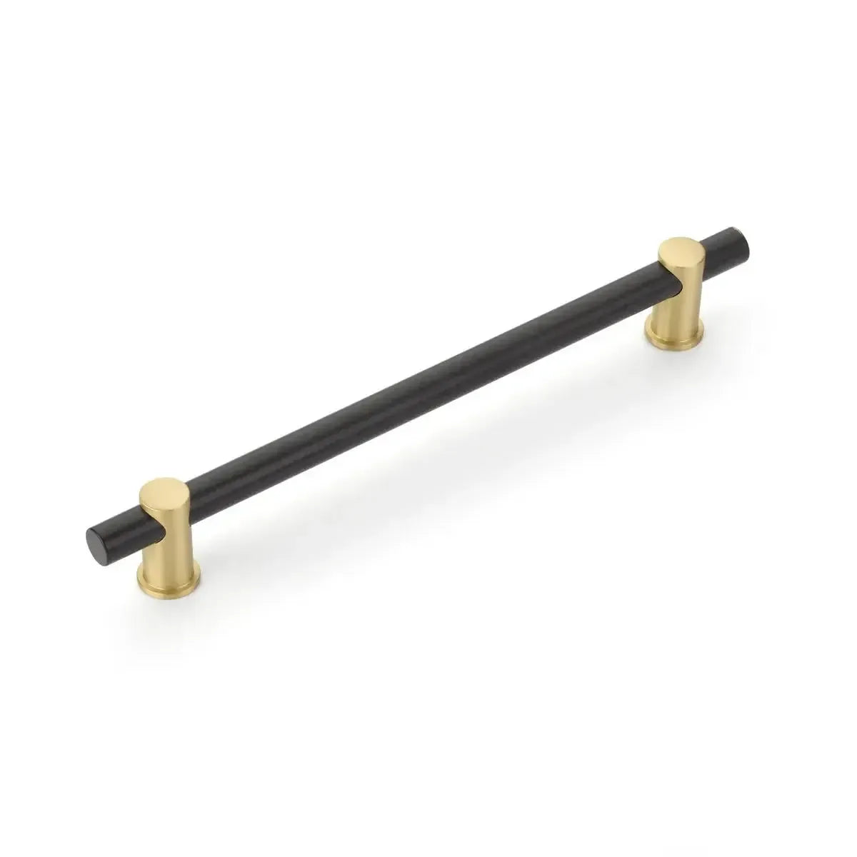 The Schaub Fonce Bar Pull in Matte Black Bar/Satin Brass Stem finish.