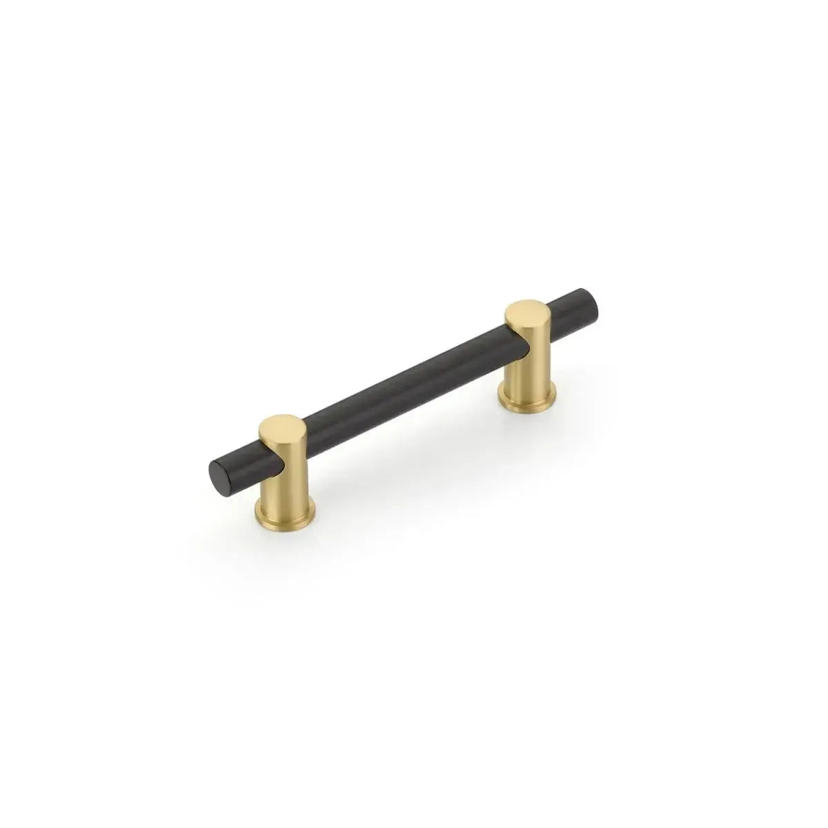 The Schaub Fonce Bar Pull in Matte Black Bar/Satin Brass Stem finish.