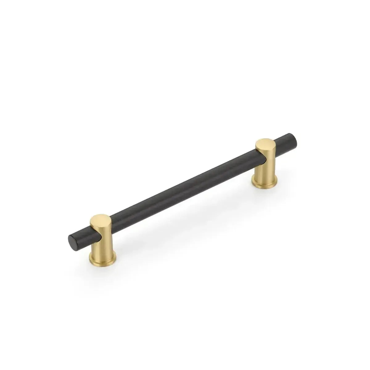 The Schaub Fonce Bar Pull in Matte Black Bar/Satin Brass Stem finish.