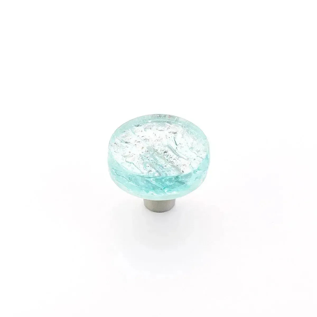The Schaub Ice Pearl Round Cabinet Knob in Pearl Aqua finish.