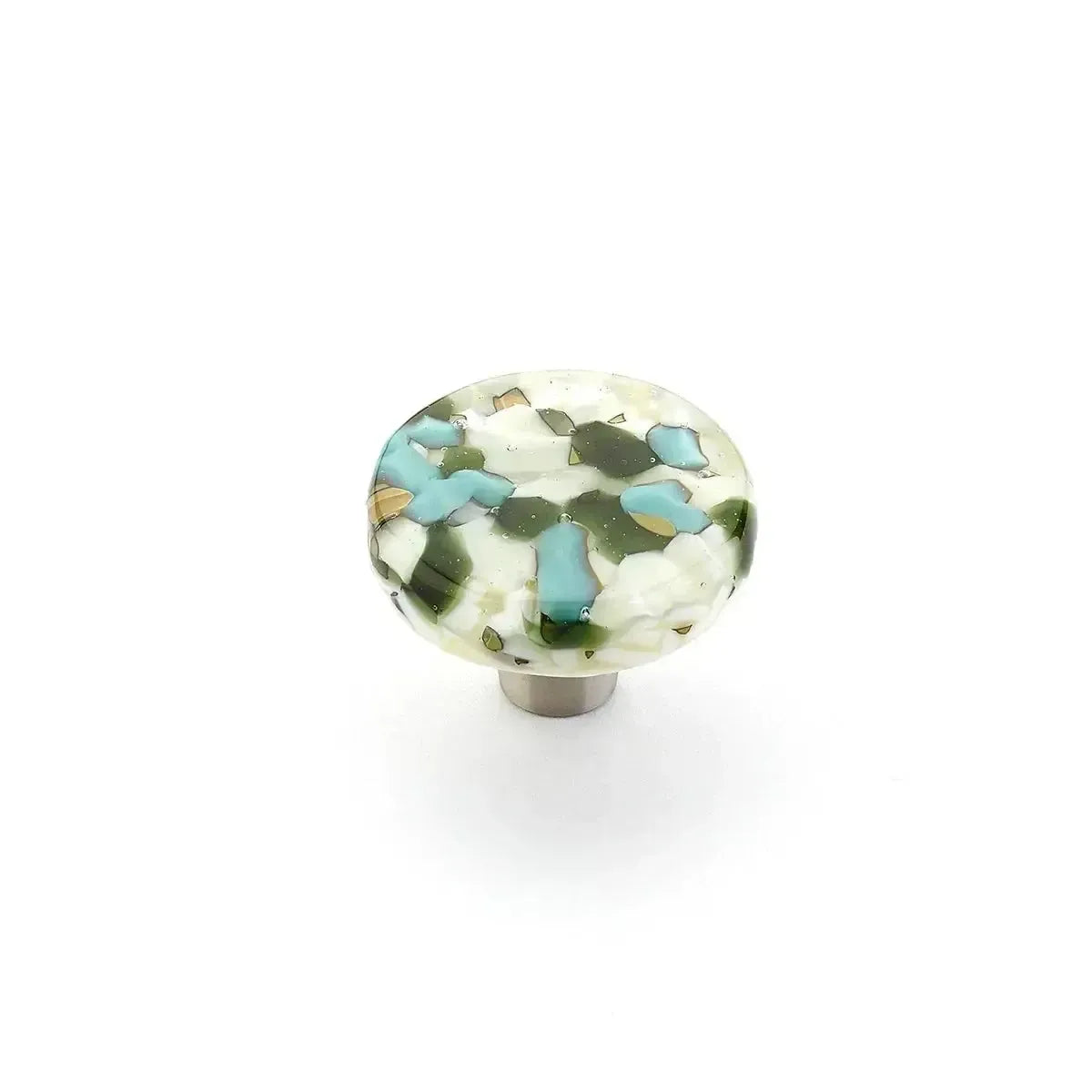 The Schaub Ice Round Cabinet Knob in Green Blue Pebbles finish.