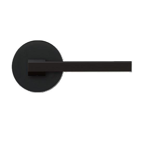 The Karcher Boston Passage Lever with Plan Design Round Rosette-2 ¾″ Backset in Cosmos Black finish