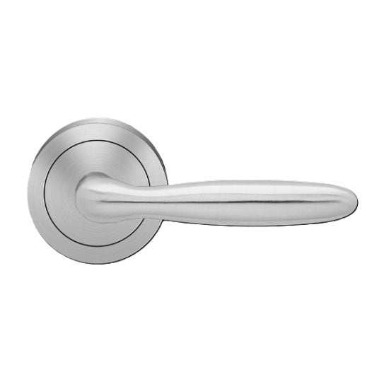 The Karcher Corfu Passage Lever with Round 3 Piece Rosette-2 ¾″ Backset in Satin Stainless Steel finish