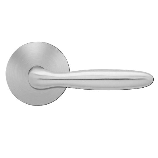 The Karcher Corfu Passage Lever with Round Plan Design Rosette-2 ⅜″ Backset in Satin Stainless Steel finish