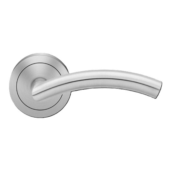 The Karcher Corsica Passage Lever with Round 3 Piece Rosette-2 ¾″ Backset in Satin Stainless Steel finish