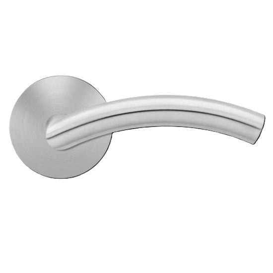 The Karcher Corsica Passage Lever with Round Plan Design Rosette-2 ¾″ Backset in Satin Stainless Steel finish