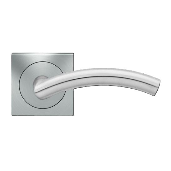 The Karcher Corsica Passage Lever with Square 3 Piece Rosette-2 ¾″ Backset in Satin Stainless Steel finish