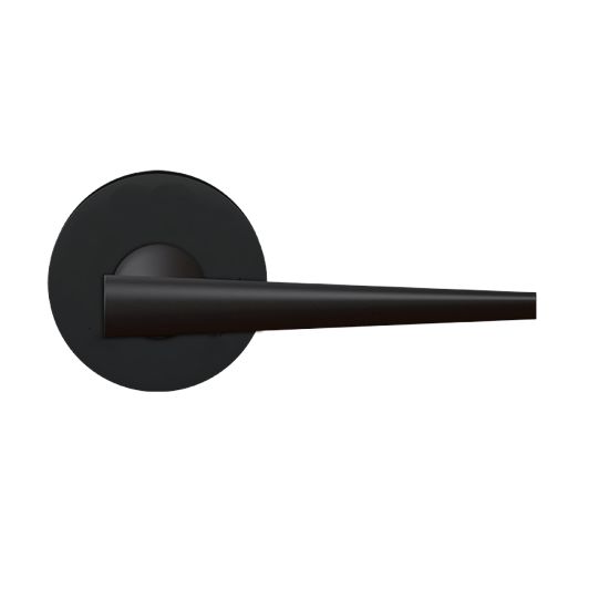The Karcher Brooklyn Passage Lever with Plan Design Round Rosette-2 ¾″ Backset in Cosmos Black finish