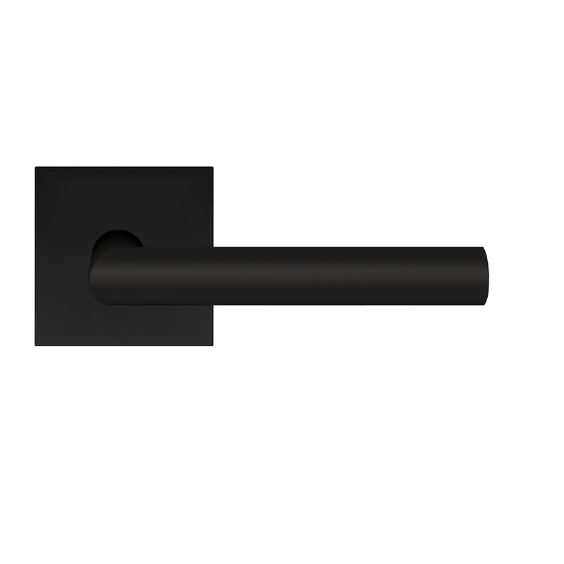 The Karcher Rhodos Privacy Lever with Plan Design Square Rosette-2 ¾″ Backset in Cosmos Black finish