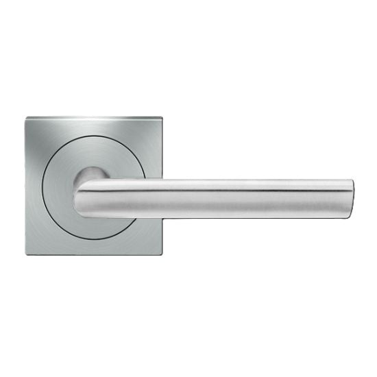 The Karcher Cyprus Passage Lever with Square 3 Piece Rosette-2 ¾″ Backset in Satin Stainless Steel finish