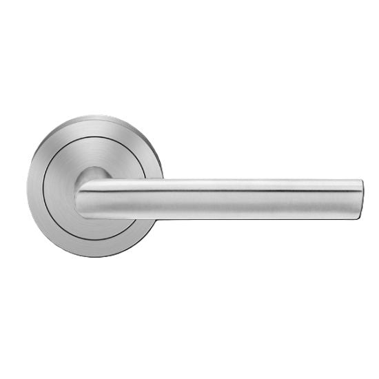 The Karcher Cyprus Privacy Lever with Round 3 Piece Rosette-2 ¾″ Backset in Satin Stainless Steel finish