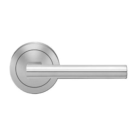 The Karcher Madeira Passage Lever with Round 3 Piece Rosette-2 ⅜″ Backset in Satin Stainless Steel finish