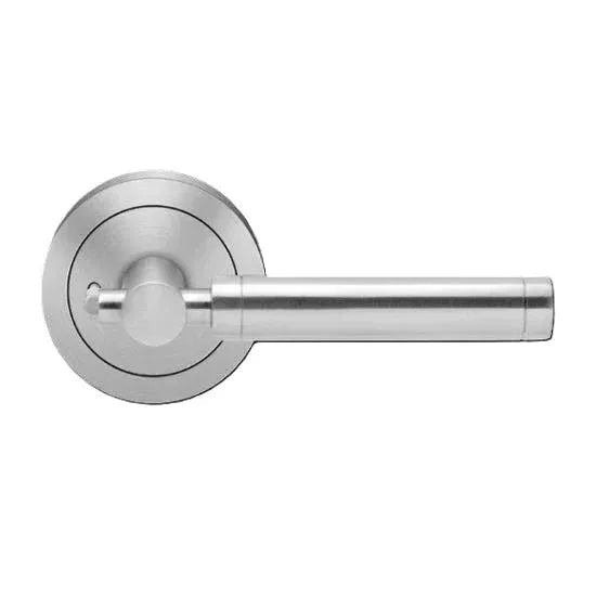 The Karcher New York Privacy Lever with Round 3 Piece Rosette-2 ⅜″ Backset in Satin Stainless Steel finish