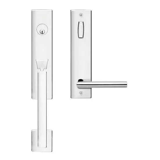 The Karcher Single Cylinder Entry Set Grip with Interior Rhodos Lever-2 3/4" Backset in Polished Stainless Steel finish