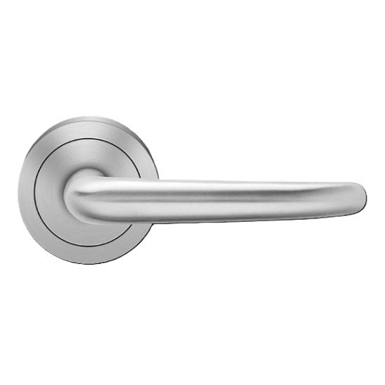 The Karcher Elba Passage Lever with Round 3 Piece Rosette-2 ¾″ Backset in Satin Stainless Steel finish