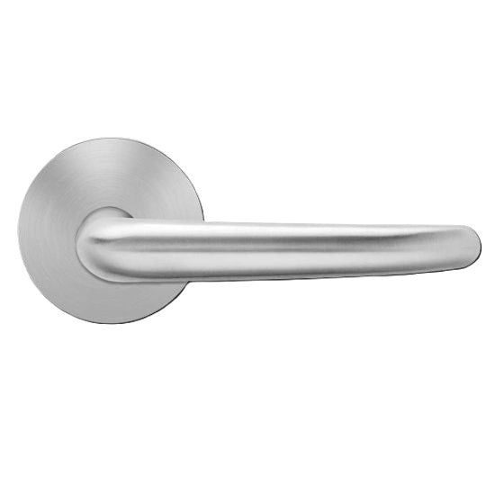 The Karcher Elba Passage Lever with Round Plan Design Rosette-2 ¾″ Backset in Satin Stainless Steel finish