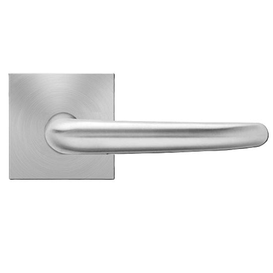 The Karcher Elba Passage Lever with Square Plan Design Rosette-2 ¾″ Backset in Satin Stainless Steel finish