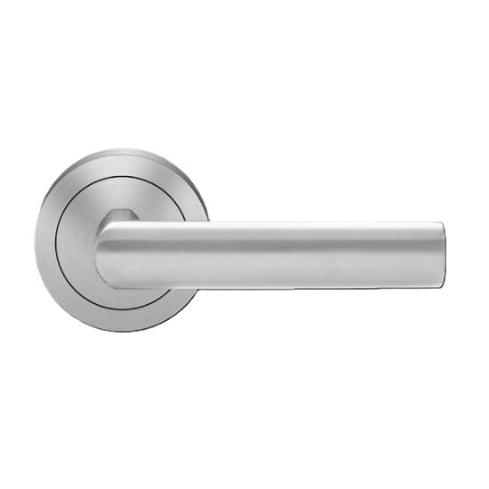 The Karcher Iceland Passage Lever with Round 3 Piece Rosette-2 ¾″ Backset in Satin Stainless Steel finish