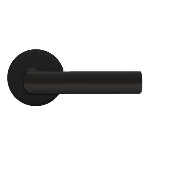 The Karcher Iceland Passage Lever with Round Plan Design Rosette-2 ¾″ Backset in Cosmos Black finish