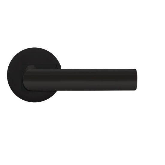 The Karcher Iceland Passage Lever with Round Plan Design Rosette-2 ⅜″ Backset in Cosmos Black finish