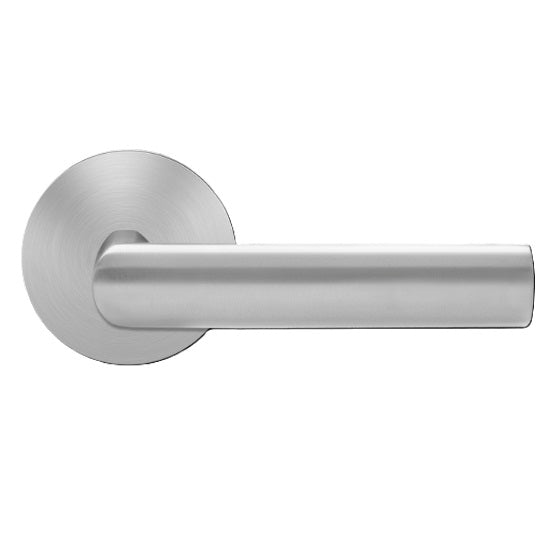 The Karcher Iceland Passage Lever with Round Plan Design Rosette-2 ⅜″ Backset in Satin Stainless Steel finish