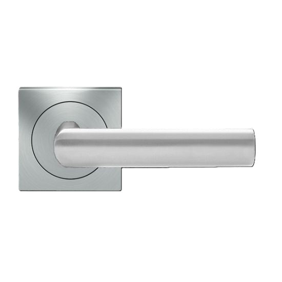 The Karcher Iceland Passage Lever with Square 3 Piece Rosette-2 ⅜″ Backset in Satin Stainless Steel finish