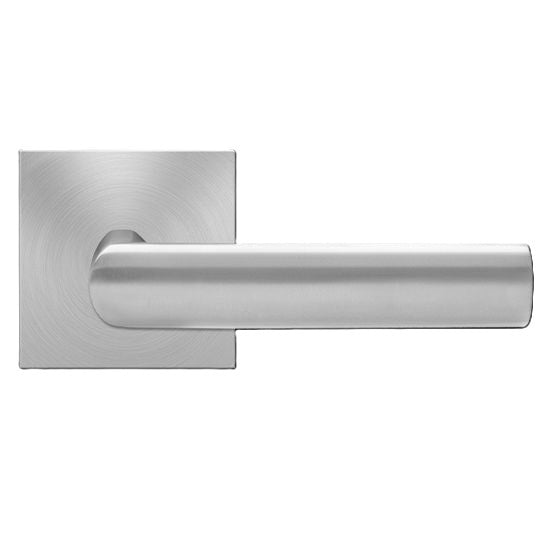 The Karcher Iceland Passage Lever with Square Plan Design Rosette-2 ¾″ Backset in Satin Stainless Steel finish