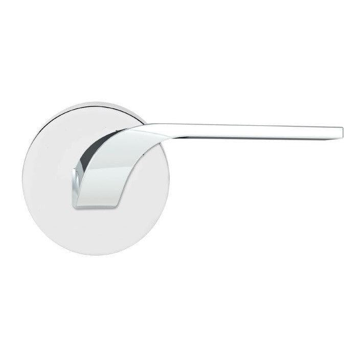 The Karcher Las Vegas Passage Lever with Plan Design Round Rosette-2 ¾″ Backset in Polished Stainless Steel finish