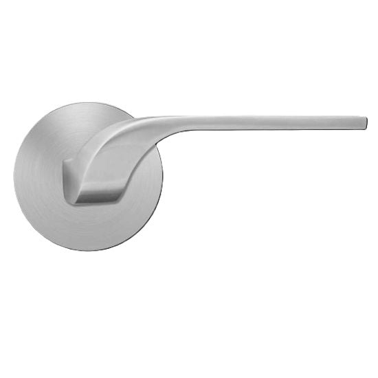 The Karcher Las Vegas Passage Lever with Plan Design Round Rosette-2 ¾″ Backset in Satin Stainless Steel finish