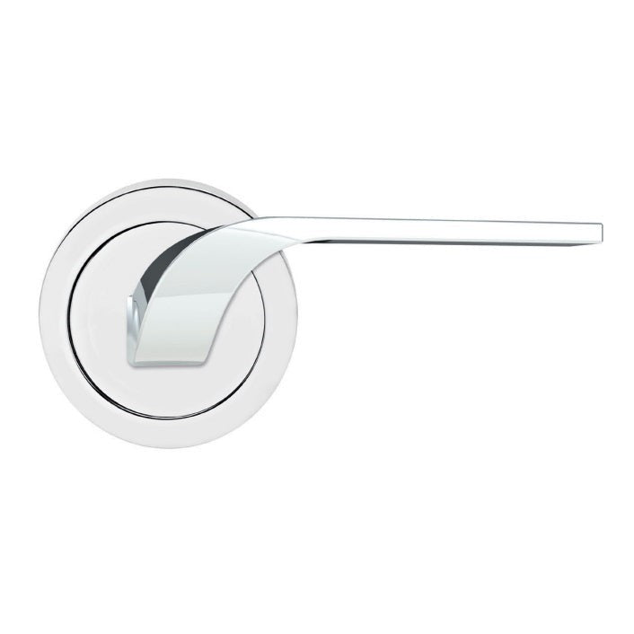 The Karcher Las Vegas Passage Lever with Round 3 Piece Rosette-2 ¾″ Backset in Polished Stainless Steel finish