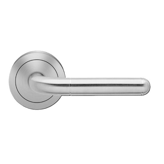 The Karcher Lignano Steel Passage Lever with Round 3 Piece Rosette-2 ¾″ Backset in Satin Stainless Steel finish