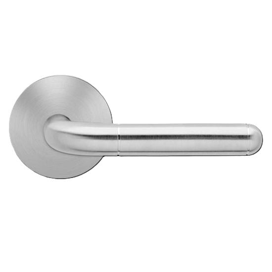 The Karcher Lignano Steel Passage Lever with Round Plan Design Rosette-2 ¾″ Backset in Satin Stainless Steel finish