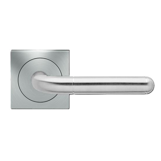 The Karcher Lignano Steel Passage Lever with Square 3 Piece Rosette-2 ¾″ Backset in Satin Stainless Steel finish