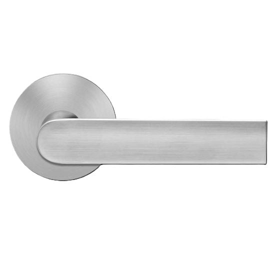 The Karcher London Passage Lever with Round Plan Design Rosette-2 ¾″ Backset in Satin Stainless Steel finish