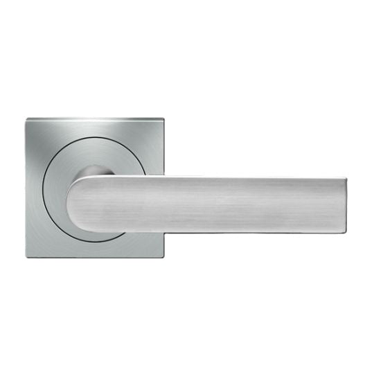 The Karcher London Passage Lever with Square 3 Piece Rosette-2 ¾″ Backset in Satin Stainless Steel finish