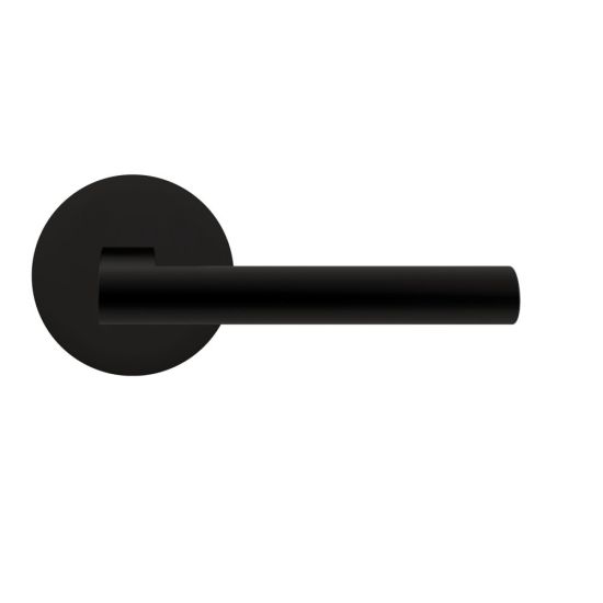 The Karcher Madeira Passage Lever with Plan Design Round Rosette-2 ¾″ Backset in Cosmos Black finish