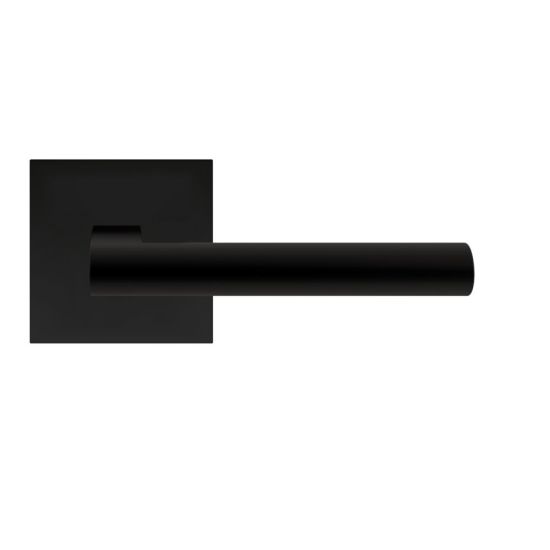 The Karcher Madeira Passage Lever with Plan Design Square Rosette-2 ¾″ Backset in Cosmos Black finish