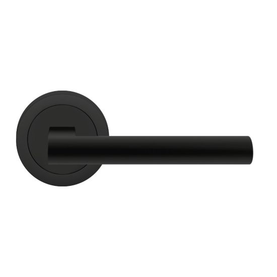 The Karcher Madeira Passage Lever with Round 3 Piece Rosette-2 ¾″ Backset in Cosmos Black finish