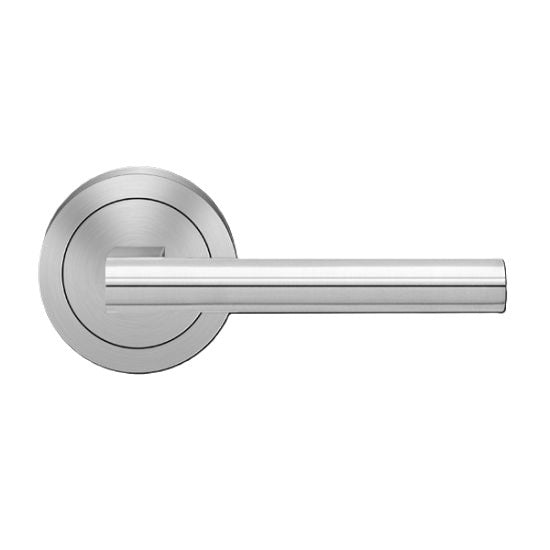 The Karcher Madeira Passage Lever with Round 3 Piece Rosette-2 ¾″ Backset in Satin Stainless Steel finish