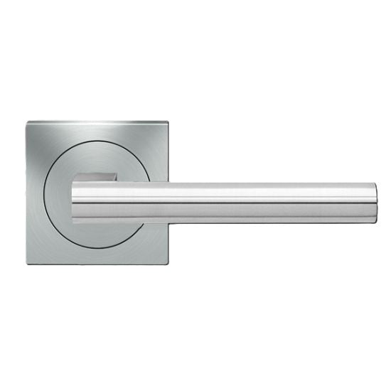 The Karcher Madeira Passage Lever with Square 3 Piece Rosette-2 ¾″ Backset in Satin Stainless Steel finish