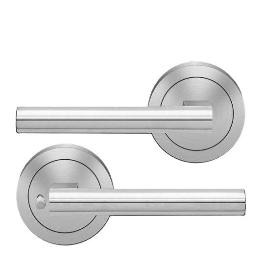 The Karcher Madeira Privacy Lever with Round 3 Piece Rosette-2 ¾″ Backset in Satin Stainless Steel finish