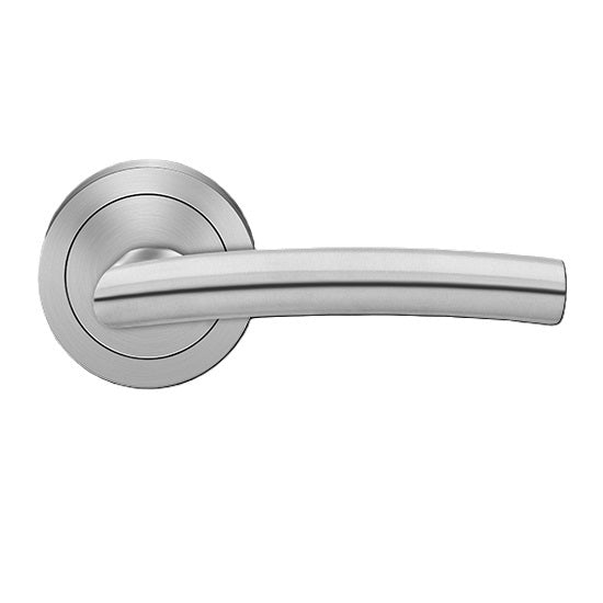 The Karcher Madrid Passage Lever with Round 3 Piece Rosette-2 ¾″ Backset in Satin Stainless Steel finish