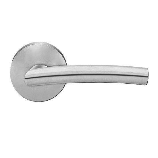 The Karcher Madrid Passage Lever with Round Plan Design Rosette-2 ¾″ Backset in Satin Stainless Steel finish