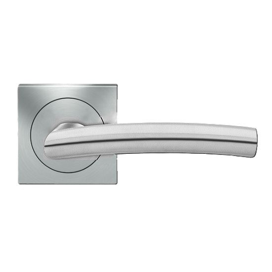 The Karcher Madrid Passage Lever with Square 3 Piece Rosette-2 ¾″ Backset in Satin Stainless Steel finish