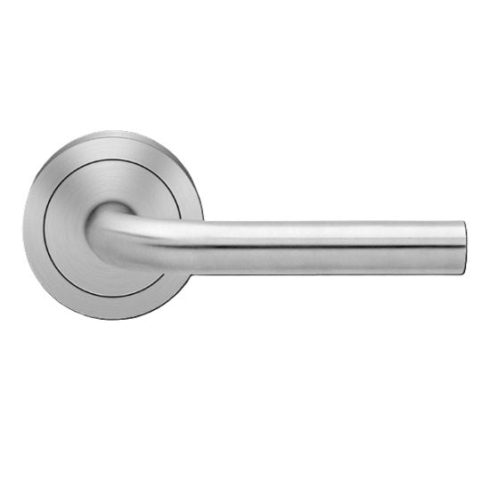 The Karcher Malta Passage Lever with Round 3 Piece Rosette-2 ¾″ Backset in Satin Stainless Steel finish