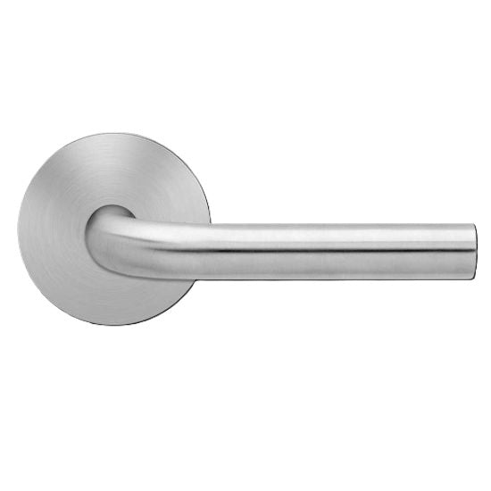 The Karcher Malta Passage Lever with Round Plan Design Rosette-2 ¾″ Backset in Satin Stainless Steel finish