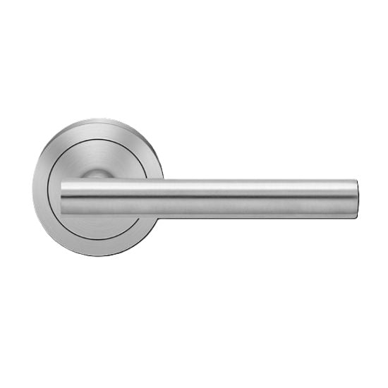 The Karcher Manhattan Passage Lever with Round 3 Piece Rosette-2 ⅜″ Backset in Satin Stainless Steel finish