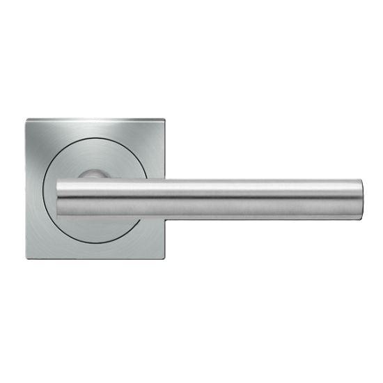 The Karcher Manhattan Passage Lever with Square 3 Piece Rosette-2 ¾″ Backset in Satin Stainless Steel finish